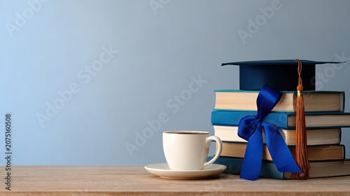 graduation-themed desk scene with books, diploma ribbon and coffee