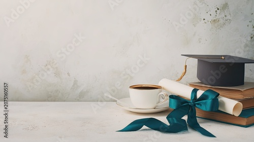 graduation-themed desk scene with books, diploma ribbon and coffee