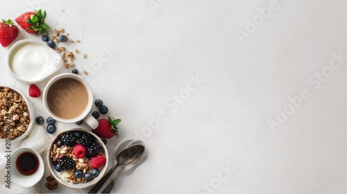 healthy breakfast with yogurt, berries, granola and coffee on light table