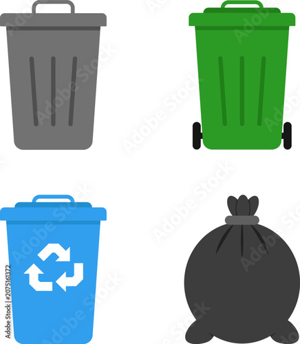 Trash garbage icon set with waste bins and plastic bag vector illustration