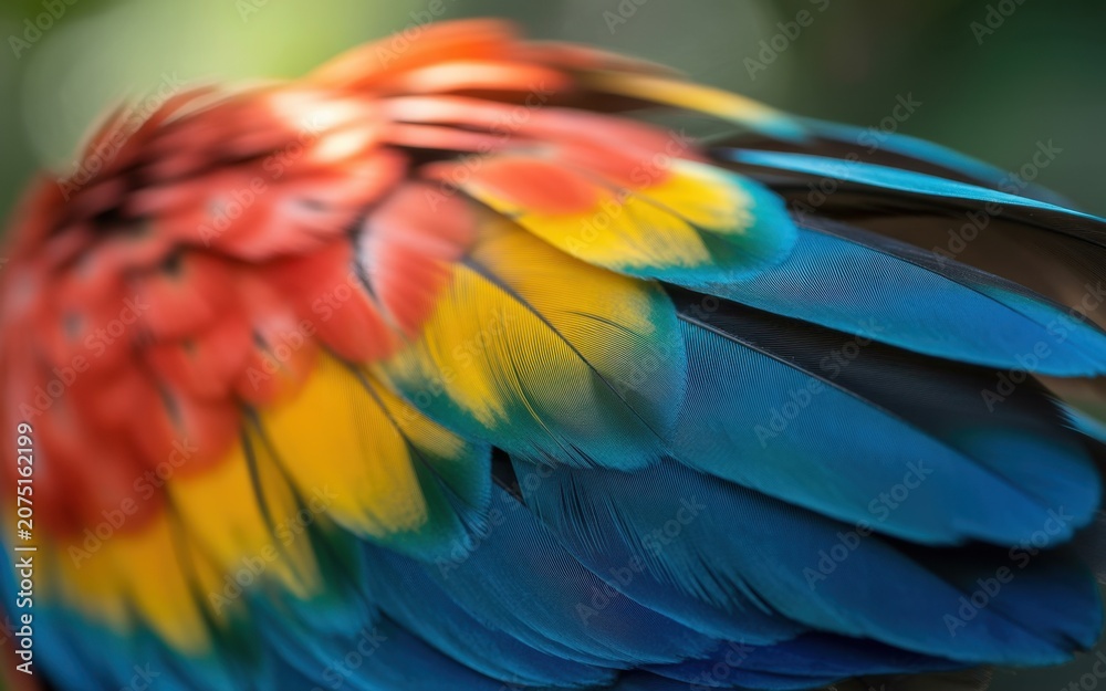Obraz premium Close up macro shot of vibrant scarlet macaw parrot wing feathers displaying red, yellow, and blue colors with soft natural lighting and blurred background