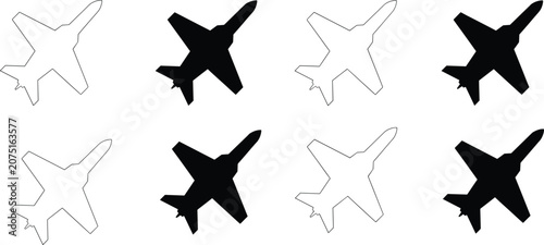 Schilderij op canvas Military fighter jet airplane silhouette and outline icons set with supersonic a