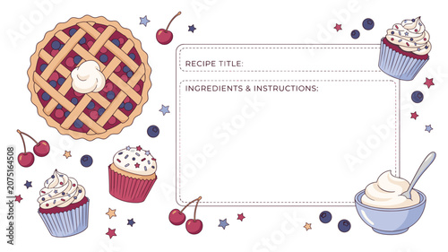 Recipe card vector template with cherry pie cupcakes bowl and purple red baking decor