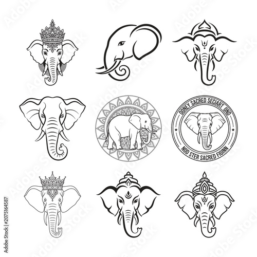 Black and white elephant illustrations with crowns and sacred symbols