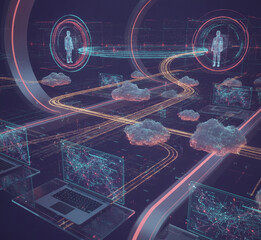 Laptops projecting neural maps with workflow rivers and portals