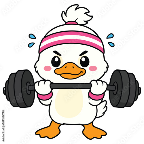 Cute cartoon duck lifting a barbell, fitness and exercise concept