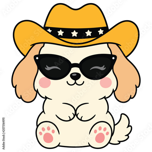 Cute cartoon puppy wearing a yellow cowboy hat and sunglasses