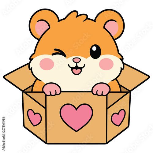 Cute cartoon hamster winking inside a cardboard box decorated with pink hearts