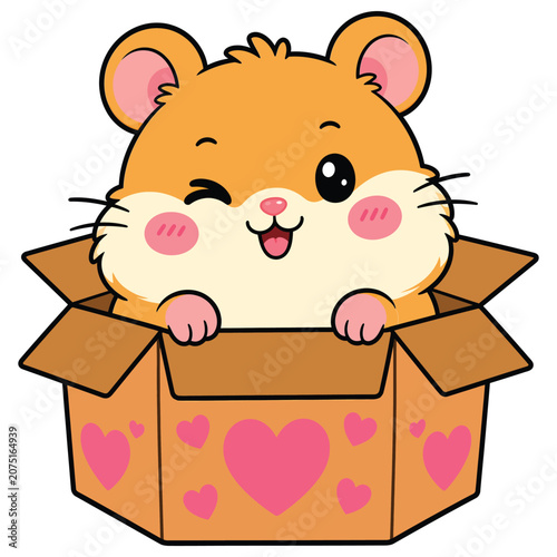 Cute cartoon hamster winking and smiling inside a cardboard box decorated with pink hearts