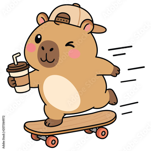 Cute cartoon capybara character skateboarding with a coffee cup