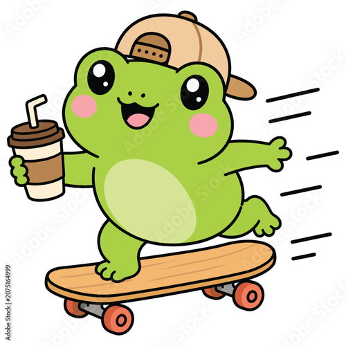 Cute cartoon frog skateboarding while holding a coffee cup