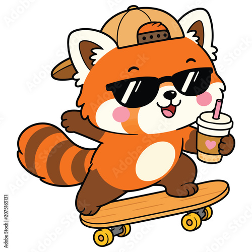 Cool cartoon red panda riding a skateboard and holding a bubble tea