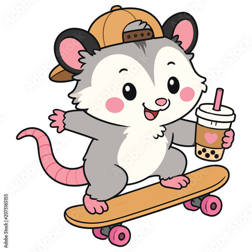 Cute cartoon opossum character wearing a baseball cap and skateboarding while holding a boba tea drink