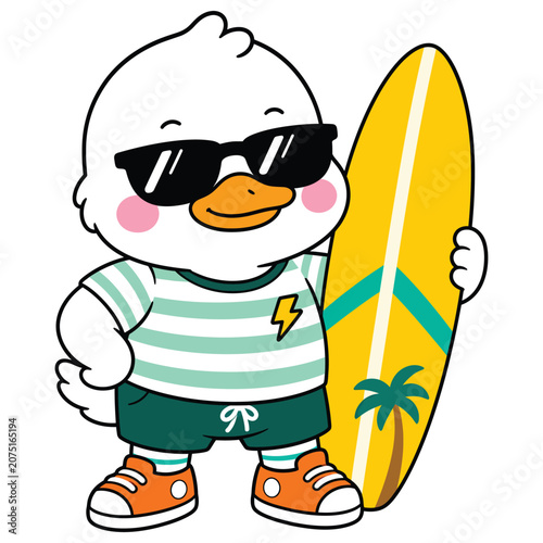 Cute cartoon duck character wearing sunglasses and summer clothes holding a surfboard