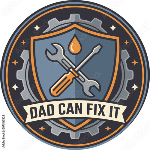 Dad repair vector badge with wrench screwdriver shield gear and blue orange style