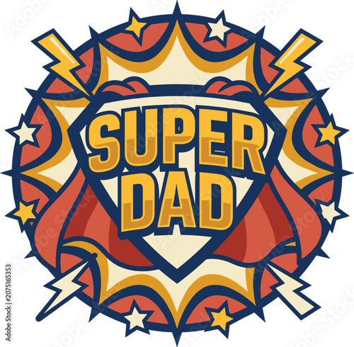 Fathers day vector superhero badge with cape stars lightning and blue orange comic style