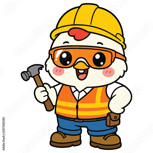 Cute cartoon chicken construction worker holding a hammer