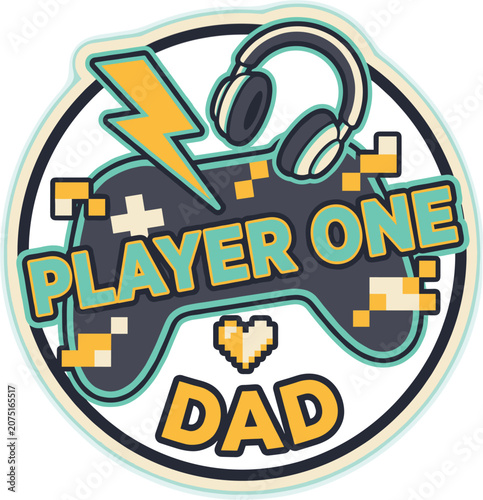 Gaming vector badge for fathers day with headphones controller lightning teal yellow