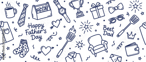 Fathers day vector doodle pattern with gifts trophies ties and blue line art
