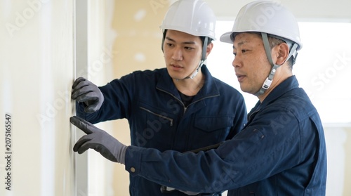 Fototapeta 建設現場で内装の仕上がり状態を点検し品質管理のOJTを行う日本人男性の現場監督