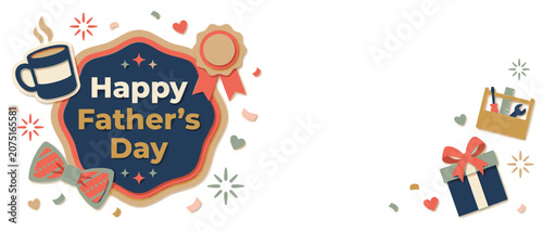 Fathers day vector badge card with sunglasses gifts hearts and blue orange style