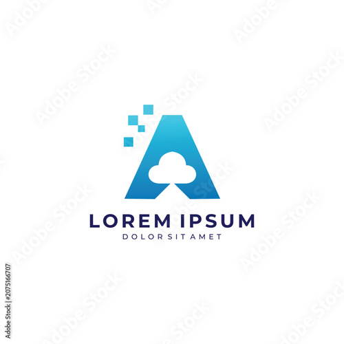 Creative letter A logo with cloud and pixel elements, ideal for technology, digital storage, software, startup, and online business brands.