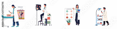 Foto Flat illustrations of dermatologists and allergists examining skin health models, analyzing digital diagnostic screens, and reviewing allergy test results in a professional medical setting