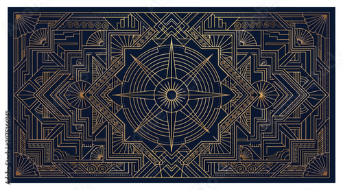 Canvastavla Art deco seamless pattern background with golden geometric lines and compass sta
