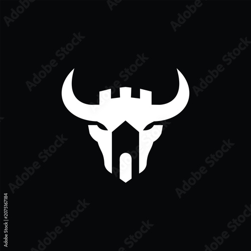 Strong white bull skull logo on black background, suitable for sports team, mascot, ranch, fitness, gaming, and bold apparel brands.