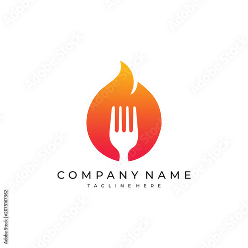 Orange flame fork logo for restaurant, food, cooking, grill, catering, culinary, spicy meals, and modern dining business branding.
