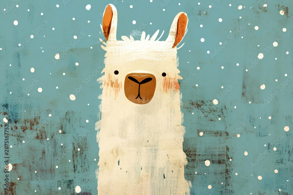 Fototapeta premium Cute smiling lama illustration in vintage style. Funny farm animal standing in snowfall. Whimsical winter artwork for children book and nursery decor. Artistic digital drawing of pet.