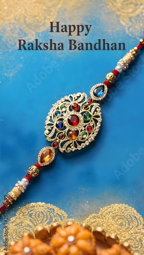 Traditional rakhi with sweets on blue and golden surface, Raksha Bandhan ritual setup