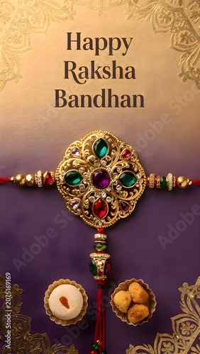 Traditional rakhi with sweets on purple and golden surface, Raksha Bandhan ritual setup