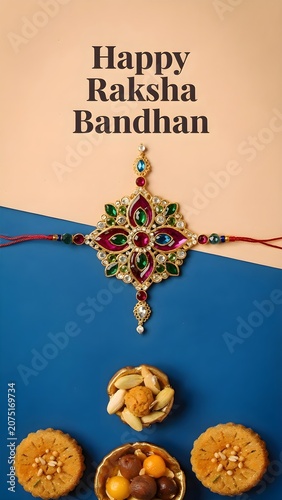 Traditional rakhi with sweets on blue and golden surface, Raksha Bandhan ritual setup