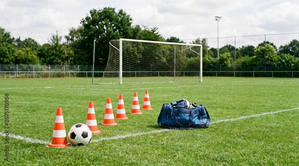Obraz premium Soccer ball, training cones and a sports bag on a green grass field with a goal in the background