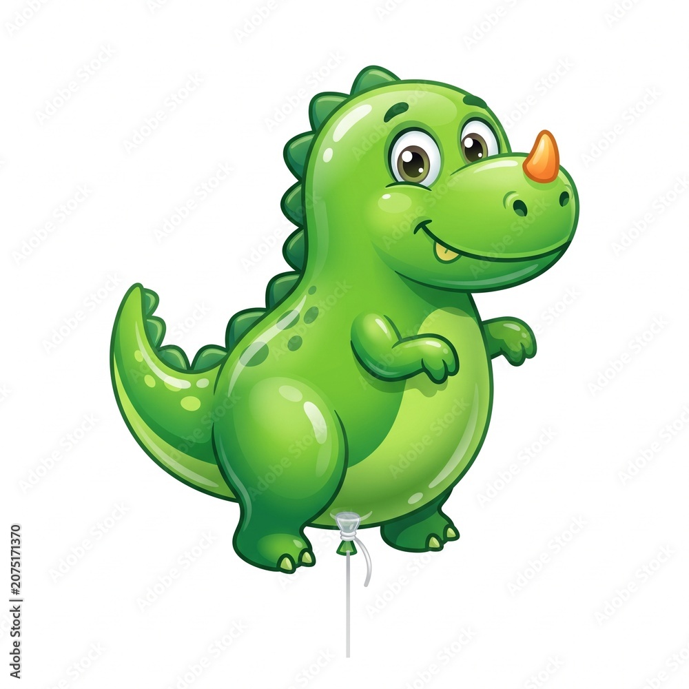 Fototapeta premium A cheerful green cartoon dinosaur balloon floats in the air smiling