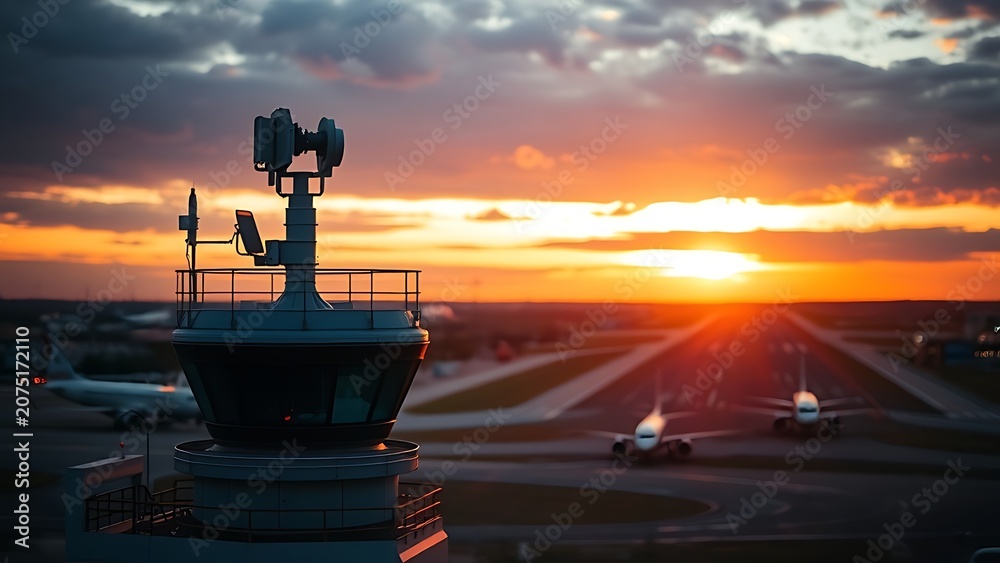 Fototapeta premium Airport radar antenna rotating atop control tower during golden hour sunset.