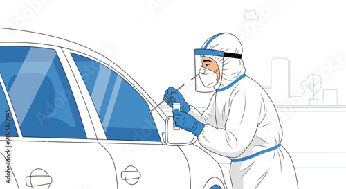 Healthcare worker in hazmat suit performs drive-thru COVID-19 test on person in car