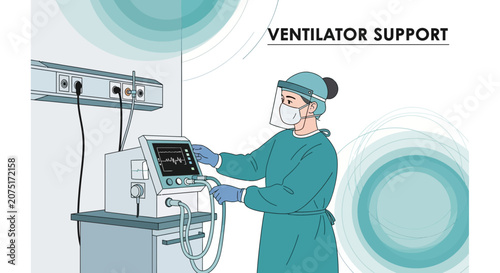 Healthcare worker in PPE adjusts ventilator, patient monitoring in hospital room