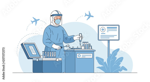 Healthcare worker in PPE conducts COVID-19 testing at airport with planes flying
