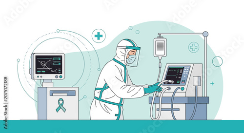 Healthcare worker in PPE operating medical equipment in hospital, intensive care unit