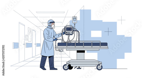 Healthcare worker in PPE tending to patient on hospital bed with medical equipment