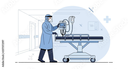 Healthcare worker in PPE tending to patient on hospital bed with medical equipment