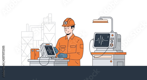 Healthcare Worker Monitors Patient Vitals on Medical Equipment in Industrial Setting