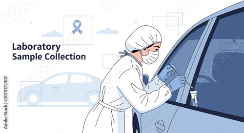 Healthcare worker in protective gear performs drive-thru COVID-19 testing at a car window.