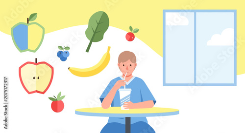 Healthy Smoothie for Recovery: Person Drinks Fruit Smoothie with Ingredients Floating Around