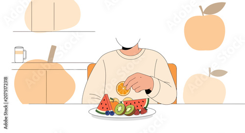 Healthy Eating: Person Enjoying Fresh Fruit Salad with Watermelon, Kiwi, Berries, and Orange
