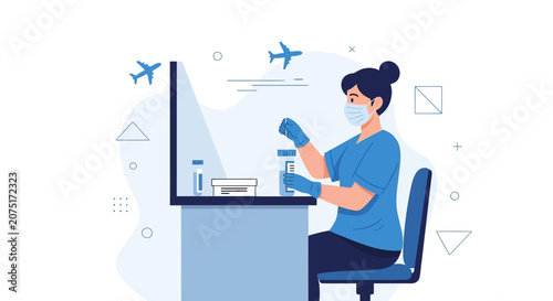 Healthcare worker performing COVID-19 test at airport, travel safety concept