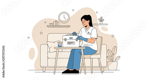 Home Healthcare Nurse Caring for Patient with Medical Equipment