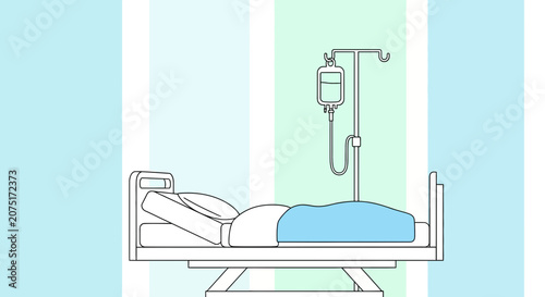 Hospital Bed with IV Drip and Patient Under Blue Blanket - Medical Care Concept
